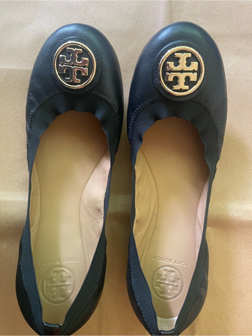 Tory Burch Black Leather Logo Ballet Flats with Gold Medallion